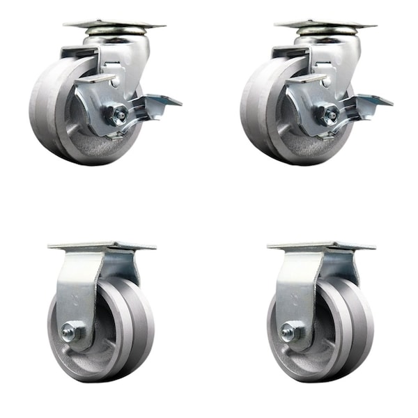 4'' V-Groove Semi Steel Caster Set with Bronze Bearings 2 Brakes 2 Rigid, 4PK